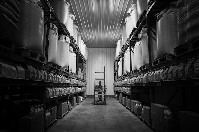 Allée d’entrepôt européen avec rayonnages de stockage sur plusieurs niveaux